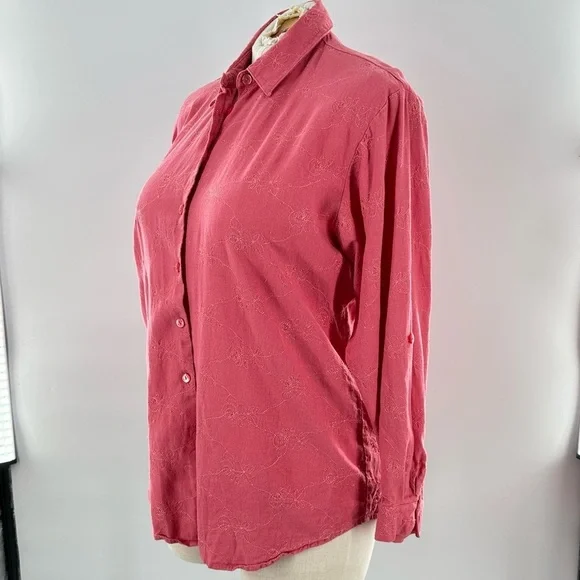 Napa Valley top L pink coral 55% linen floral button down coastal 90s vintage